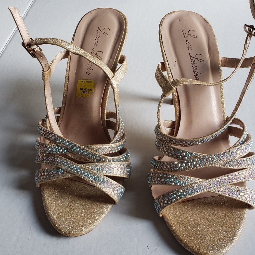 Lauren Lorraine Strappy Heel Shoes Gold Sparkle Bling 9.5
